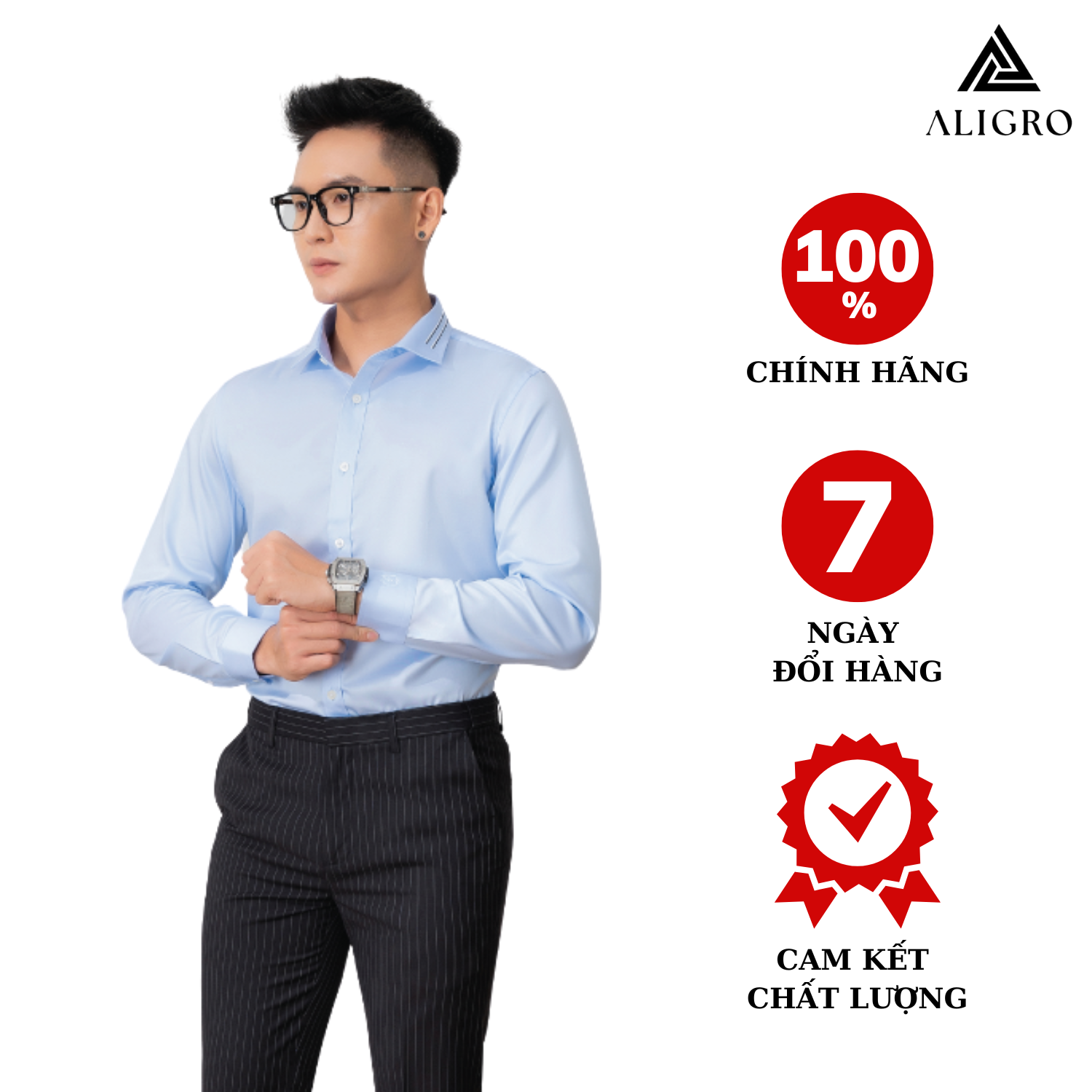 Áo sơ mi nam dài tay ALIGRO cổ bẻ dáng ôm body 100% chất cotton xanh phối cổ ALGS212