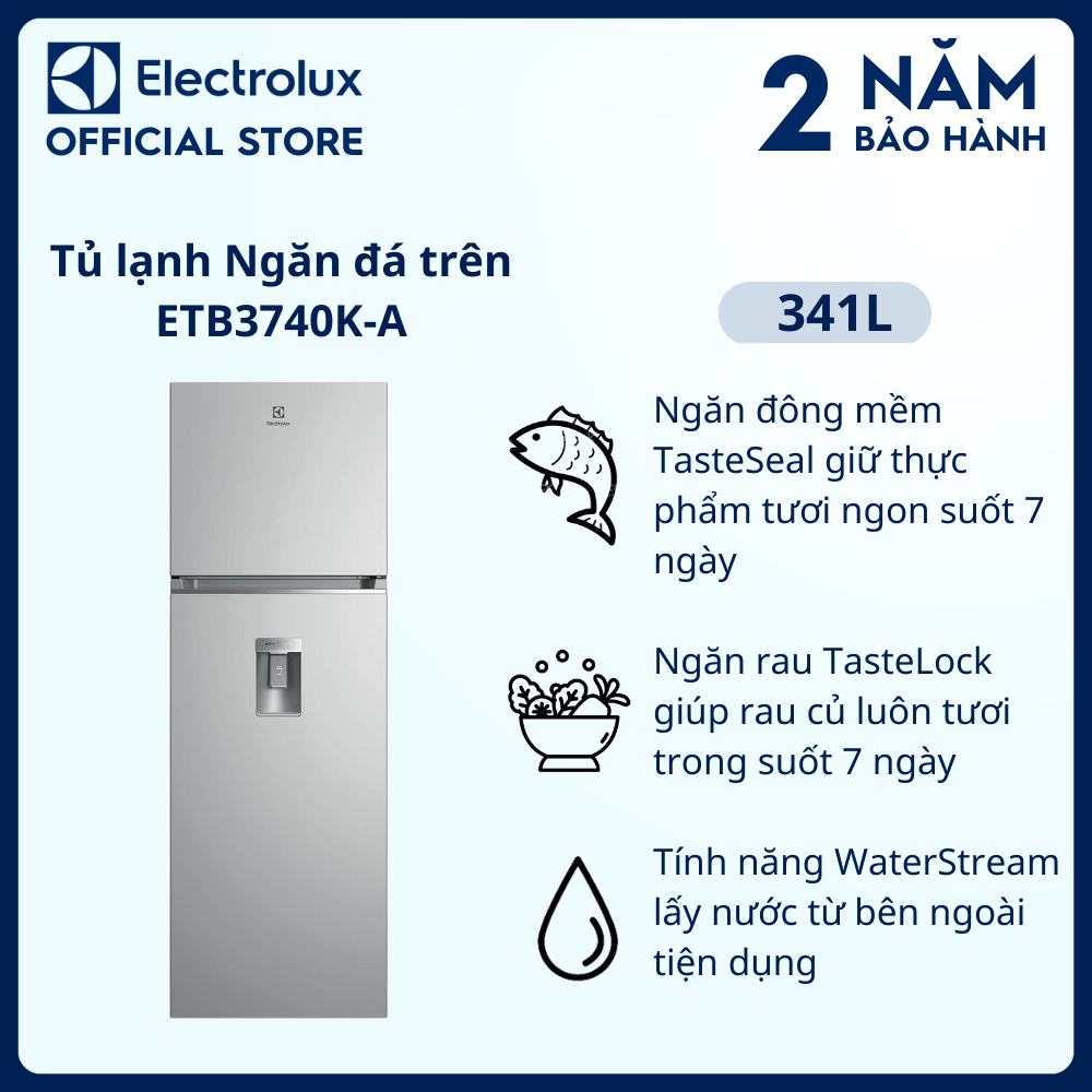 [Miễn phí giao hàng toàn quốc] Tủ lạnh Electrolux Inverter UltimateTaste 300 ngăn đá trên có ngăn đông mềm 341 lít - ETB3740K-A - Lấy nước bên ngoài tiện dụng, khử mùi diệt khuẩn, nhiệt độ ổn định [Hàng chính hãng]