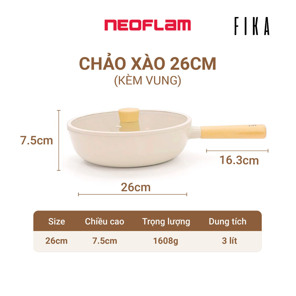 Hàng chính hãng Chảo xào, sâu Neoflam Fika 26cm, sâu lòng 7,5cm, cán dài 17cm, trọng lượng 941g. Hàng có sẵn giao ngay. Made in Korea