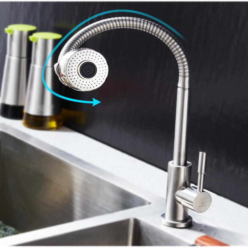 Vòi rửa chén bát nóng lạnh cắm chậu OS611 Inox 304 cần lò xo đầu xả tăng áp 2 chế độ- tặng 02 dây cấp nóng lạnh inox