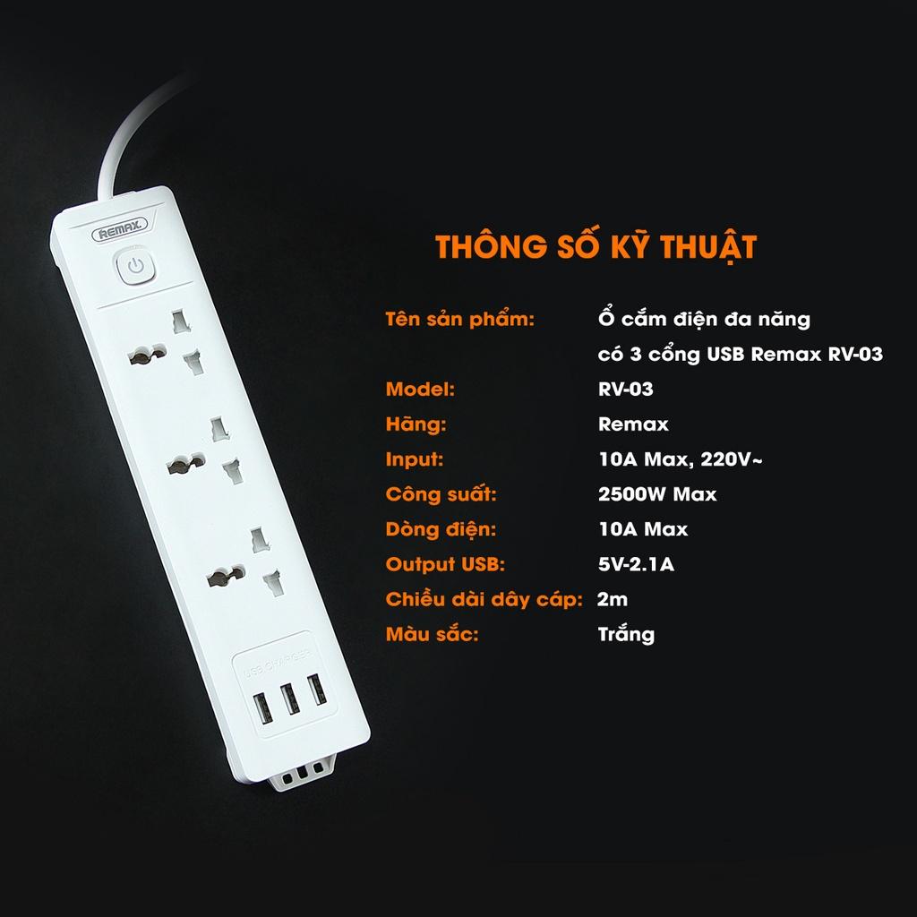 Ổ cắm điện đa năng Remax có 3 cổng USB Remax RV-03 lỗ cắm tải 2500W an toàn chống giật, chịu nhiệt - Hàng Chính Hãng