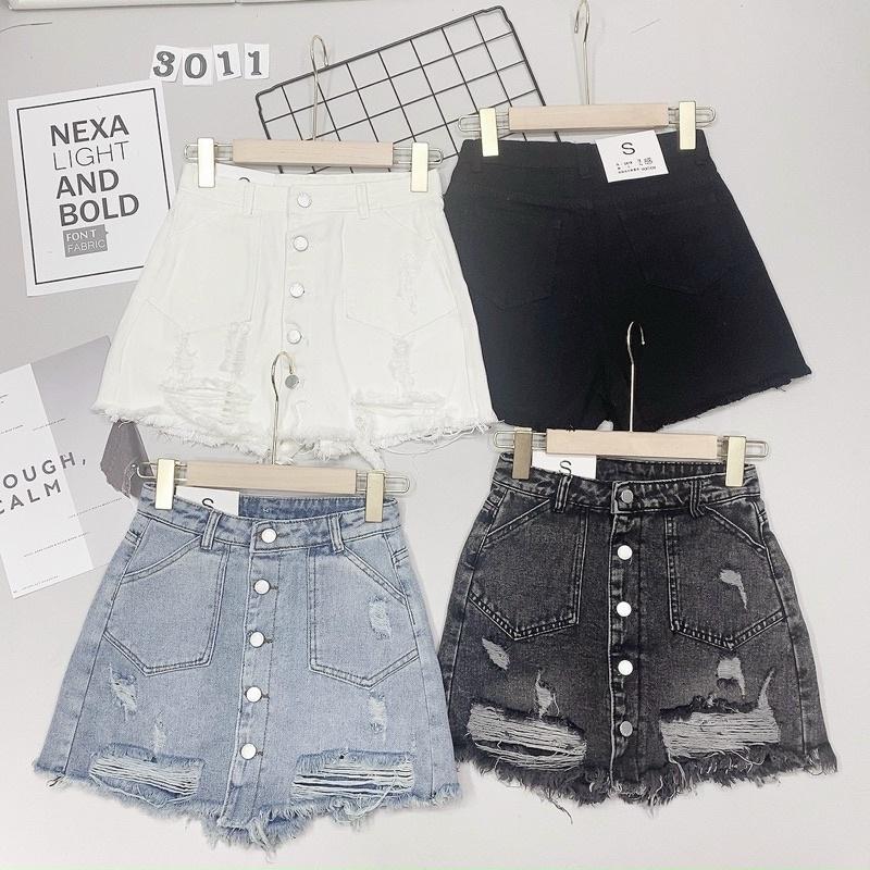 Quần giả váy bò rách khuy túi to, Quần váy jean cạp cao co giãn QS3011 - NhiNhi Shop