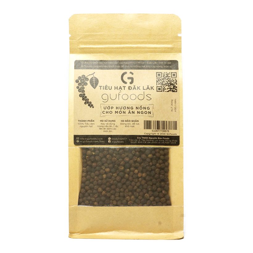 Tiêu hạt Đăk Lăk GUfoods (túi 200g) - Tiêu đất đỏ bazan - Vị cay nồng trọn vẹn, Hạt chắc, Nguyên chất, Không tẩm độn