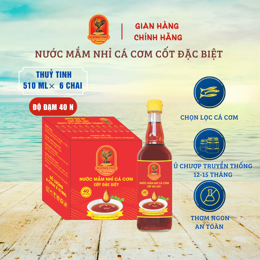 Nước mắm nhỉ cá cơm  Hương Phú 40 độ đạm 510ml -Thùng 06 chai, cốt đặc biệt - Hàng Chính Hãng