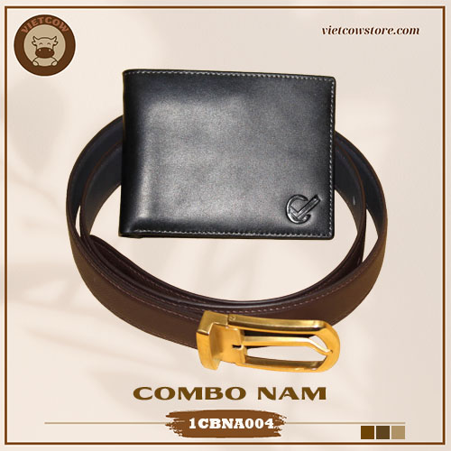 Combo Thời Trang - Ví Nam Da Bò Sáp Dáng Ngang Và Thắt Lưng Nam Da Bò Vegtan_VietCow_1CBNA004