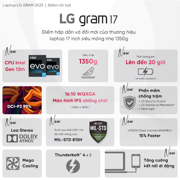 Laptop LG Gram 2023 17Z90R-G.AH78A5 (i7-1360P | 16GB | 1TB | 17') Hàng chính hãng