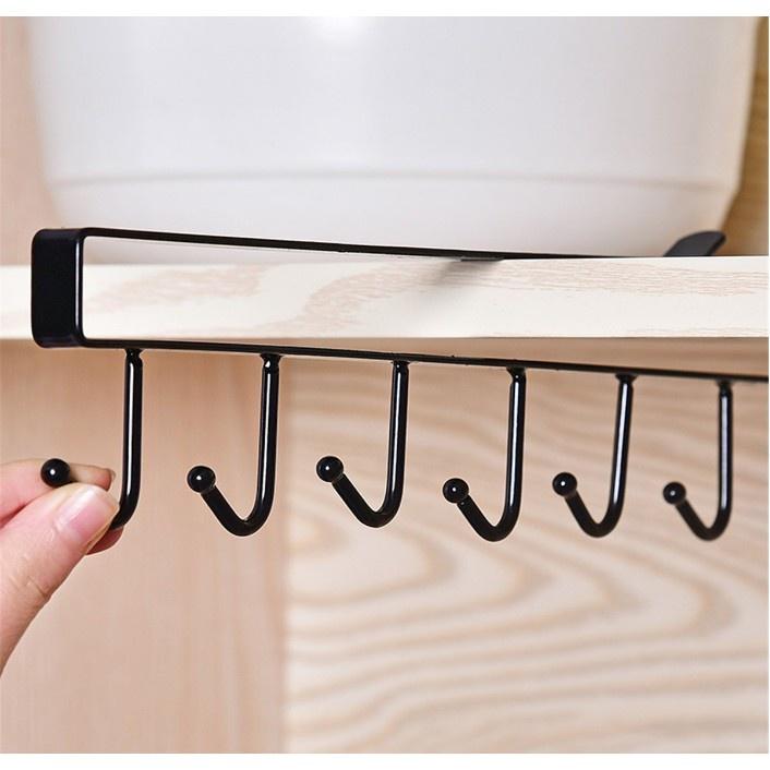 THANH SẮT 6 MÓC TREO ĐỒ ĐA NĂNG GẮN KẸP DƯỚI TỦ BẾP , TỦ QUẦN ÁO - KHUNG MÓC TREO ĐỒ GẮN TỦ , BÀN LÀM VIỆC