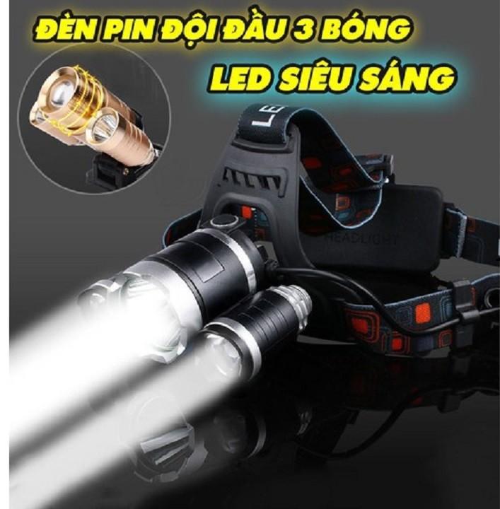 Đèn tốt )Đèn pin đội đầu siêu sáng - Đèn Pin Led Siêu Sáng Đội Đầu 3 Bóng (Đen) Nhiều Chế độ ,tặng kèm pin và sạc