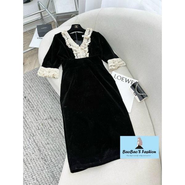 Đầm nhung cách điệu cổ V phối ren