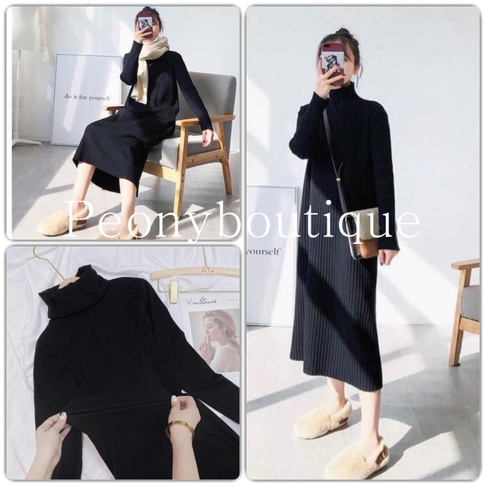 Váy Midi Len Cổ Lọ Nữ Đầm suông dáng dài co dãn màu đen trơn bánh bèo tiểu thư Ulzzang HOT ! *