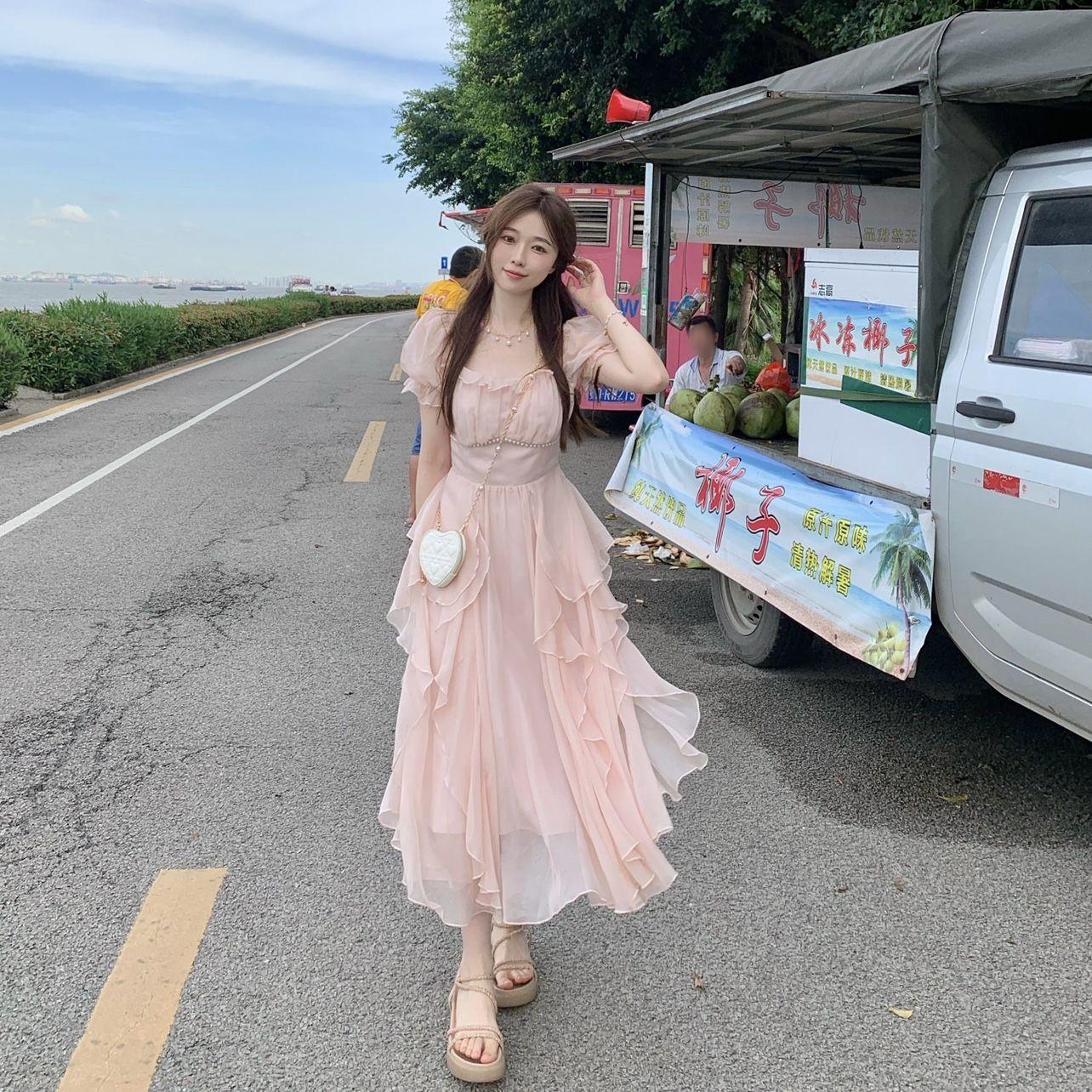 SHUANGYAN Phong cách Pháp cổ vuông nhẹ nhàng Fairy Wind Dress cho phụ nữ mùa hè 2023 Thắt lưng cho phụ nữ