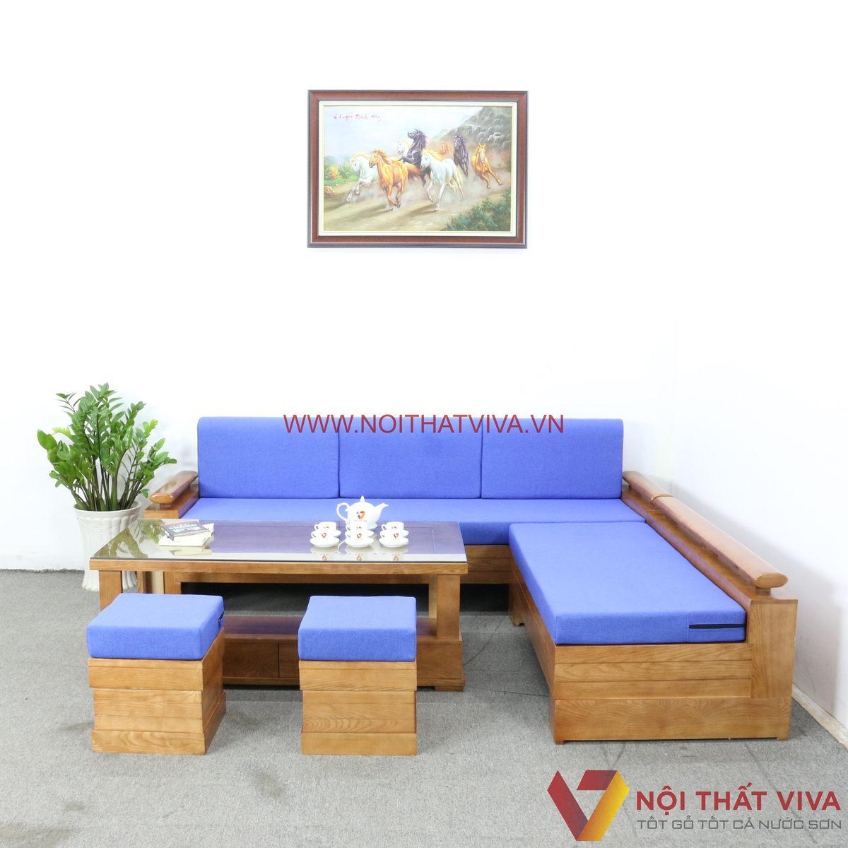 Bộ Bàn Ghế Phòng Khách Gỗ Sồi Nga Kèm Nệm Màu Xanh Dương Đẹp Giá Rẻ