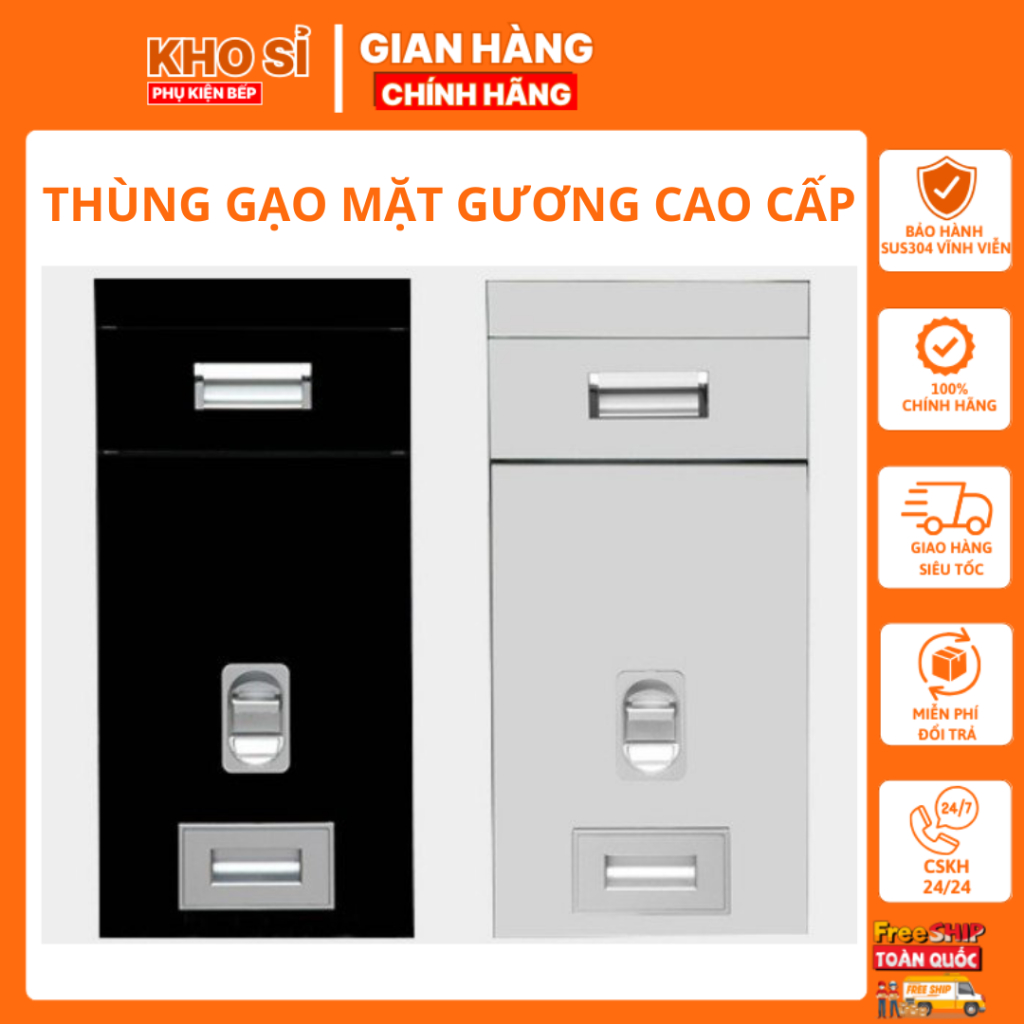 Thùng Gạo Mặt Gương Cao Cấp Eurotek Chất Liệu Cao Cấp, Mặt Gương Sáng Bóng Màu Sắc Đen Và Xám