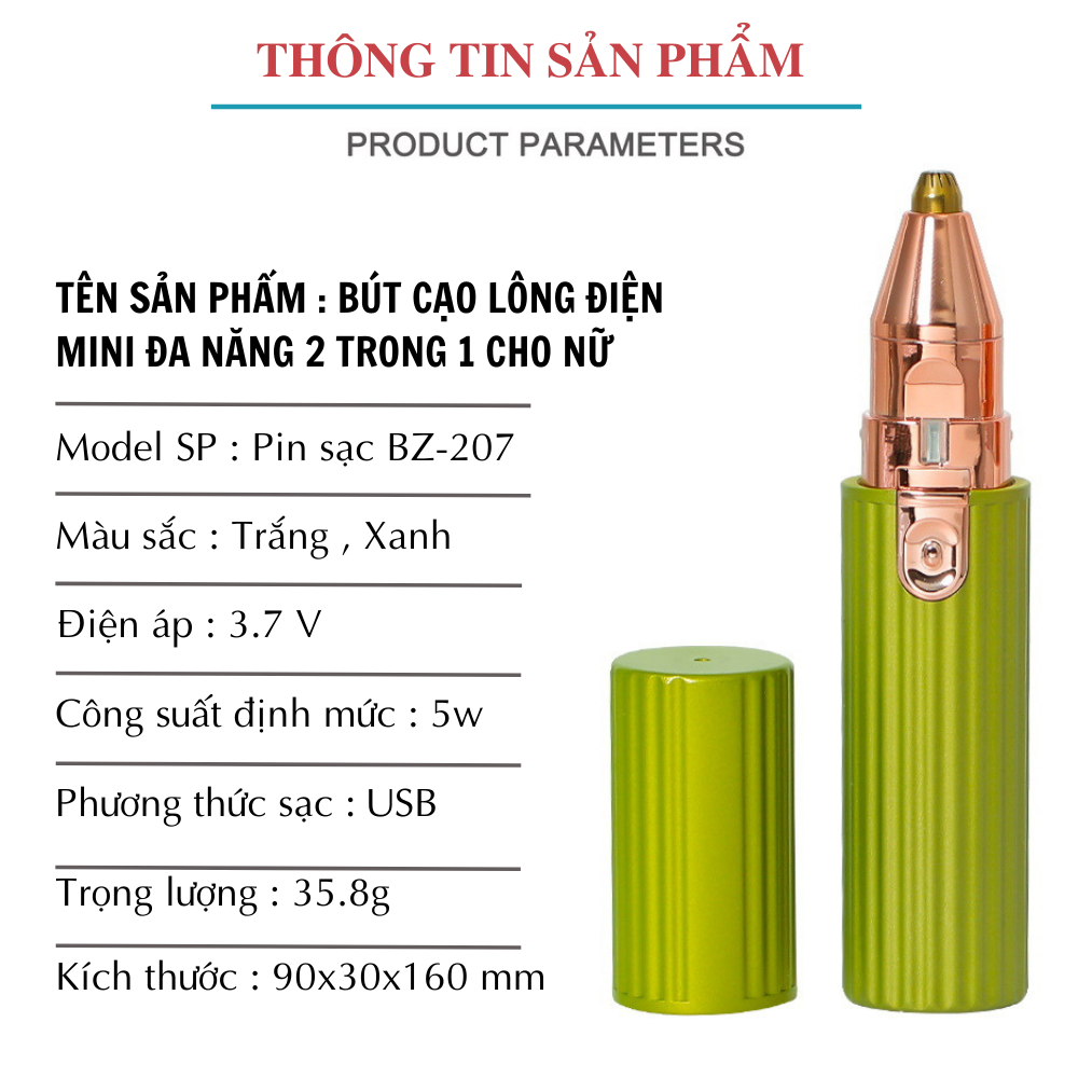 Máy cạo lông đa năng phụ nữ 2 in 1 Boorui BZ207 - Bút tỉa lông mày, triệt phần tay, chân, bikini.. thẩm mỹ cho phái đẹp, an toàn, pin sạc USB tiện dụng - Hàng loại 1