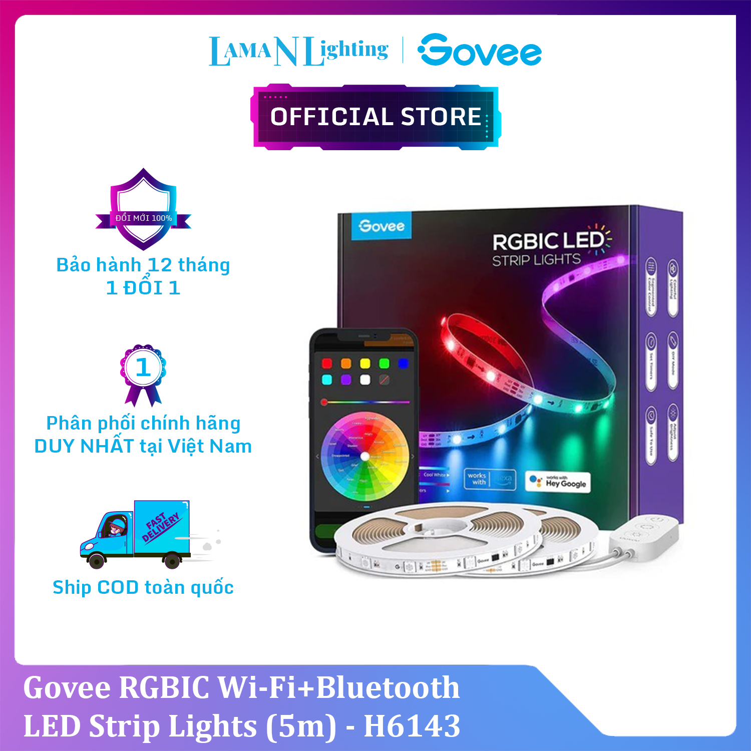 Dây đèn LED Govee RGBIC Wi-Fi+Bluetooth LED Strip Lights H6143 | 16 triệu màu RGBIC, tùy chỉnh màu sắc, thiết kế thông minh | Hàng chính hãng