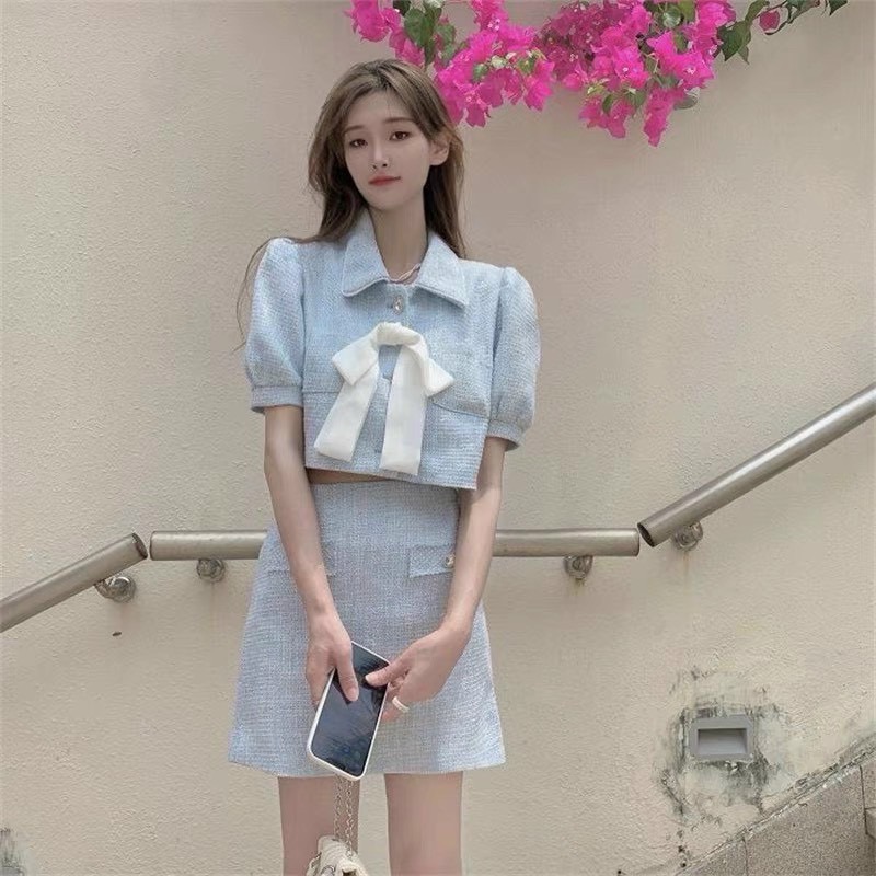 Set áo croptop đính nơ kèm chân váy chữ a ulzzang hàn quốc