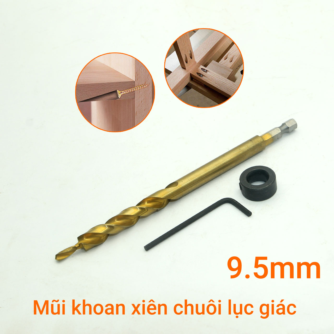 Mũi khoan xiên gỗ 9.5mm x 160mm phủ titan vàng chuôi lục