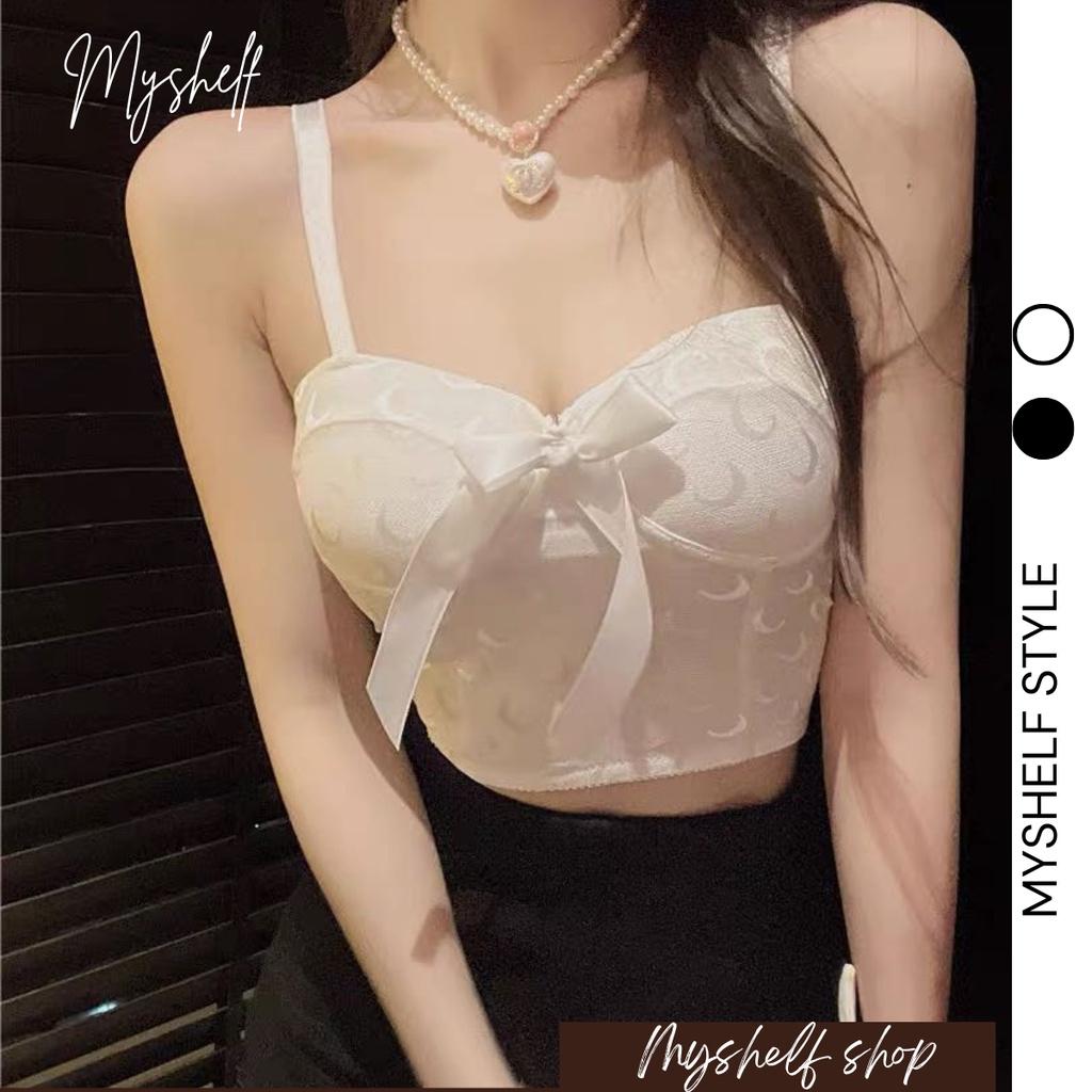 M43. Áo 2 dây croptop ren họa tiết mặt trăng, áo nữ kiểu ren nơ có sẵn mút ngực (có sẵn - miễn ship)