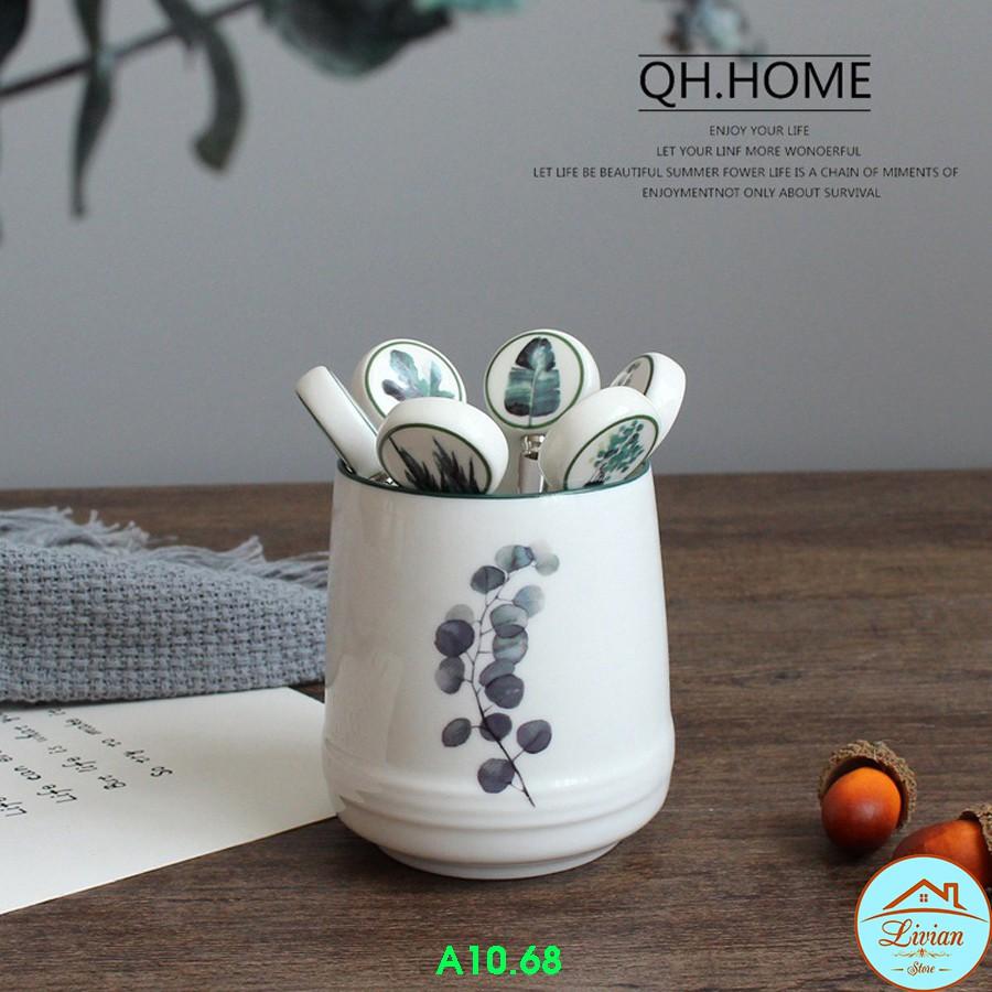 Lọ sứ đựng dĩa kèm 6 dĩa tráng miệng họa tiết cây lá xinh xắn