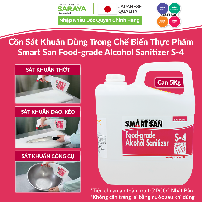 Cồn Smart San Food-grade Alcohol Sanitizer S-4 Dùng Trong Chế Biến Thực Phẩm - Can 5Kg