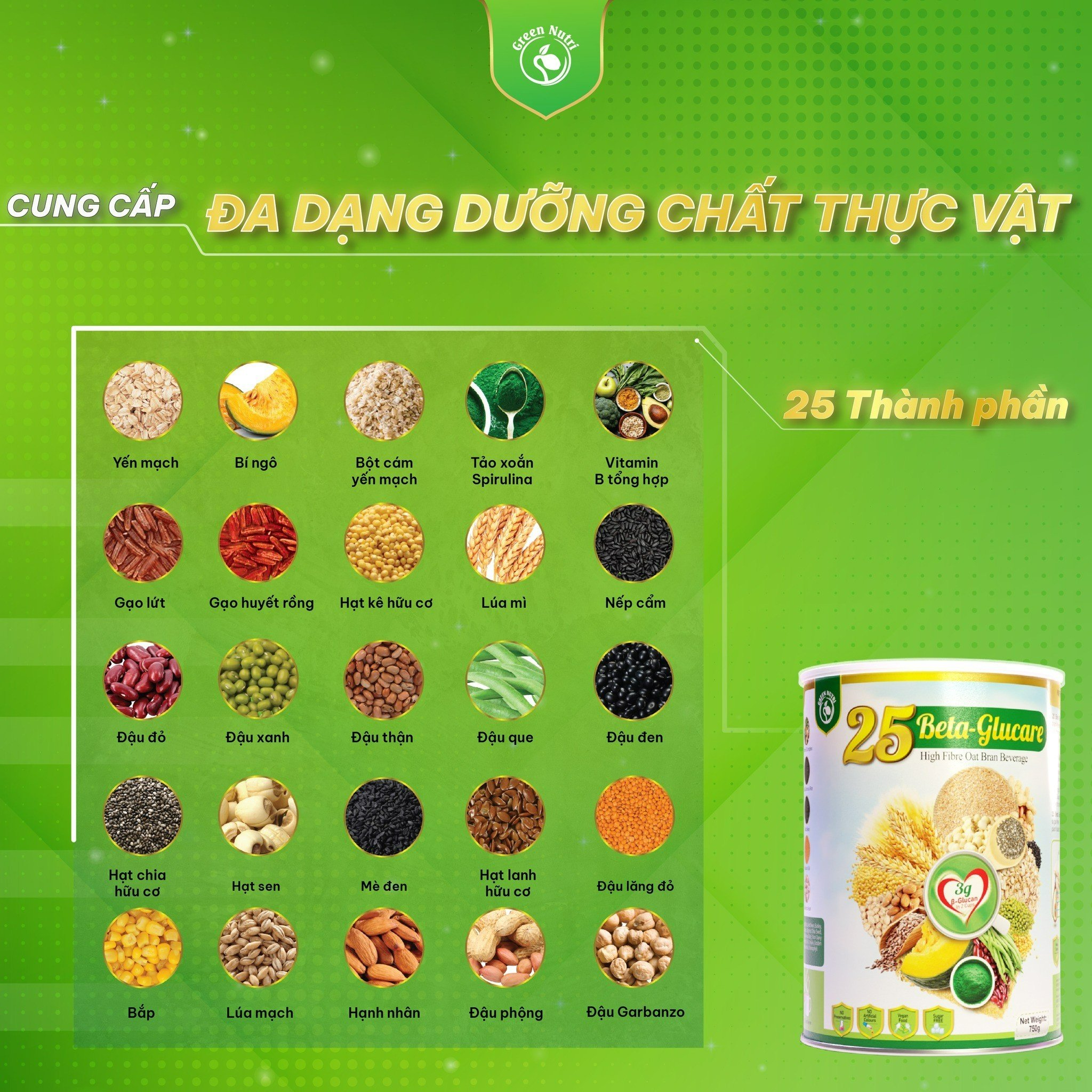 Sữa Hạt Ngũ Cốc 25 Beta Glucare Thuần Chay - Bổ Sung Dinh Dưỡng, Hỗ Trợ Tiêu Hóa, Tăng Cường Đề Kháng Cho Người Cao Tuổi, Người Tiểu Đường, Ăn Chay, Ăn Kiêng - Lon 750g