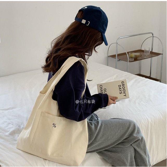 Túi tote vải canvas nữ đựng vừa laptop cỡ lớn đeo vai phong cách Nhật Bản