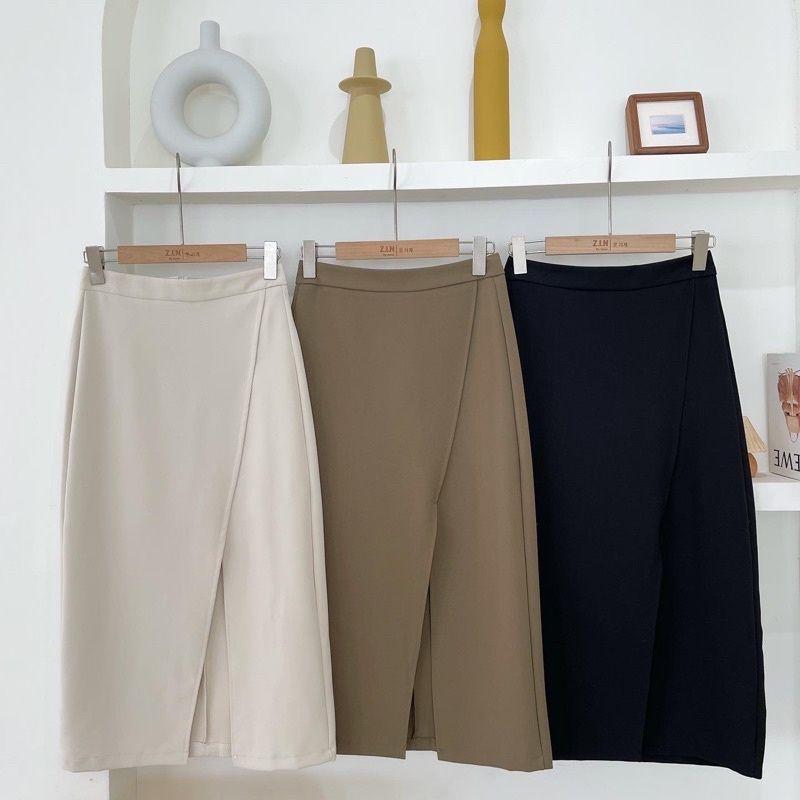 Chân Váy Bút Chì Suông dáng dài 75cm 2 lớp lót xẻ đùi trước thời trang nữ