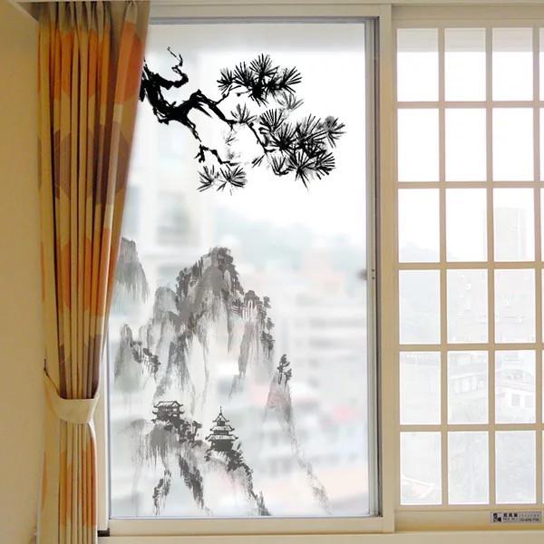 Decal trang trí kính cao cấp mẫu phong cảnh Sơn Núi và cành cây