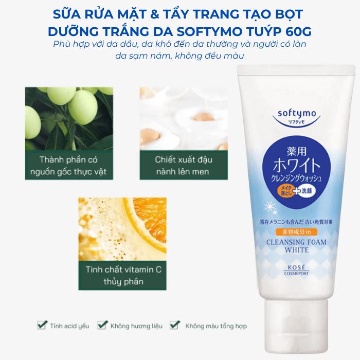 Sữa Rửa Mặt & Tẩy Trang Tạo Bọt Dưỡng Trắng Da Softymo Kosé Nhật Bản (Tuýp 60g)