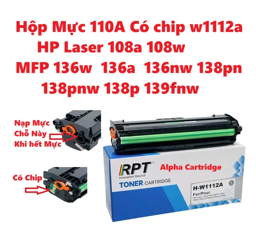 Hộp mực 110A W1112A cho máy in HP MFP 136w 136a 136nw 138fnw 108a 108w -có chip-Hàng chính hãng Alpha Cartridge