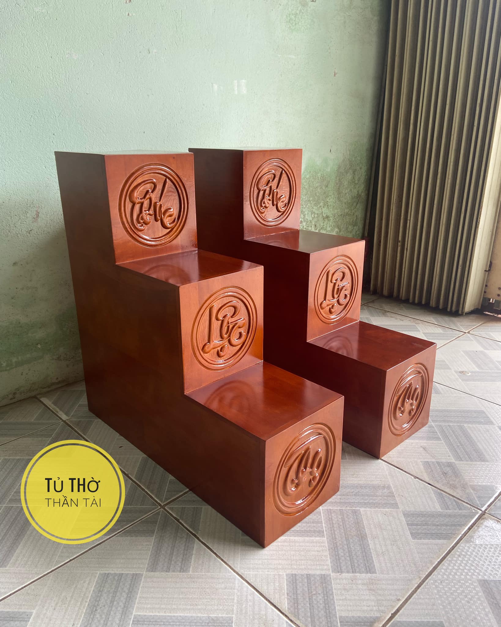Bục tam cấp bàn thờ thần tài chạm khắc PHÚC LỘC THỌ