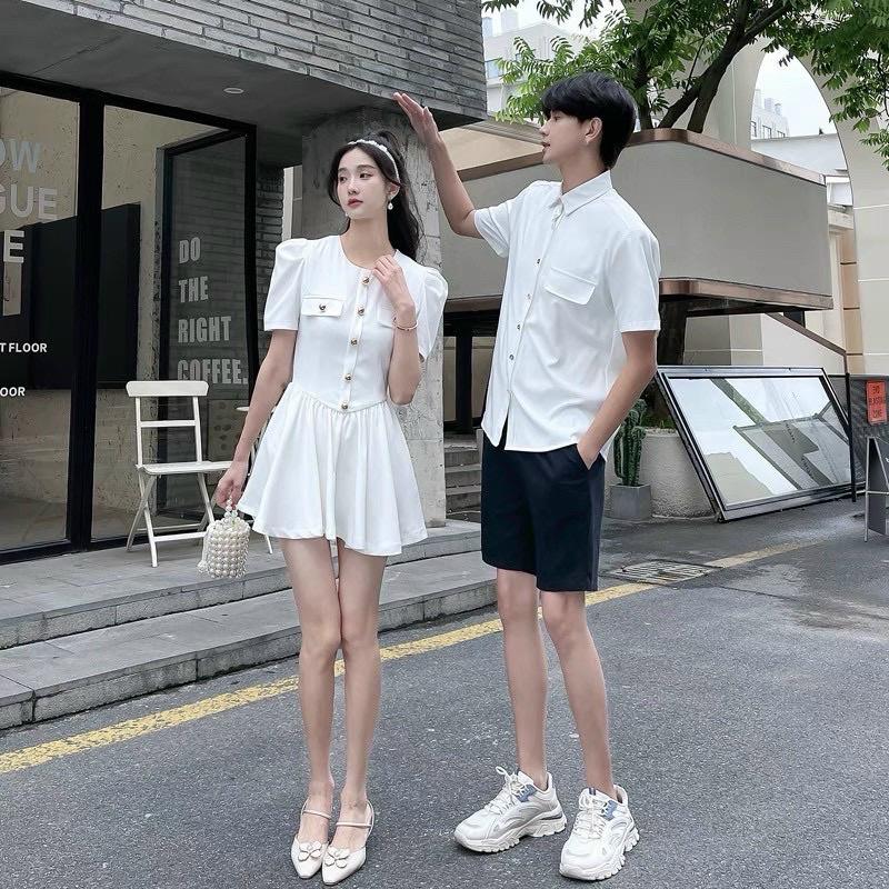 Set áo đôi sơ mi đầm xòe màu trắng phong cách Hàn Quốc, đồ cặp tình nhân couple