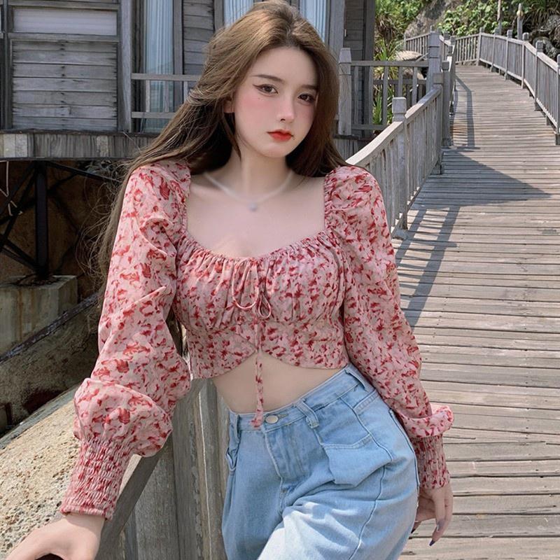 ♟Áo Croptop Dài Tay Chất Voan Hoạ Tiết In Hoa Cho Nữ