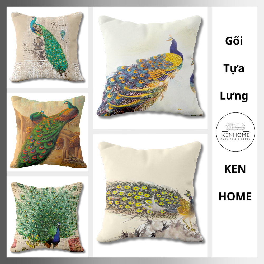 Gối Sofa Họa Tiết Chim Công - Gối Tựa Sofa Decor Cổ Điển, Nhã Nhặn Cho Phòng Khách - Vải Bố Cao Cấp - Kích Thước 45X45cm