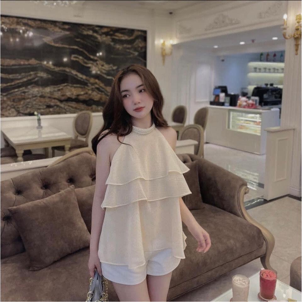 Áo kiểu, Áo yếm, áo cổ yếm đính ngọc tơ đũi xếp tầng xòe phong cách Trendy Clothing D8