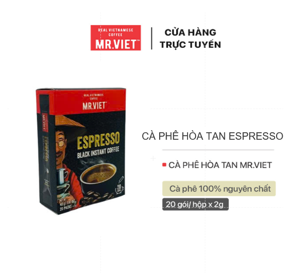 Cà phê hòa tan, cà phê đen Espresso vị đậm đà - MR.VIET Coffee (20 gói/hộp x 2g)