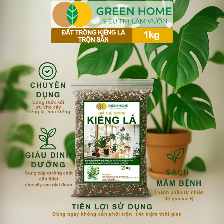 Đất Trồng Kiểng Lá Greenhome, Bao 1kg, Giá Thể Trộn Sẵn, Tiện Lợi Cho Monstera, Kiểng Lá