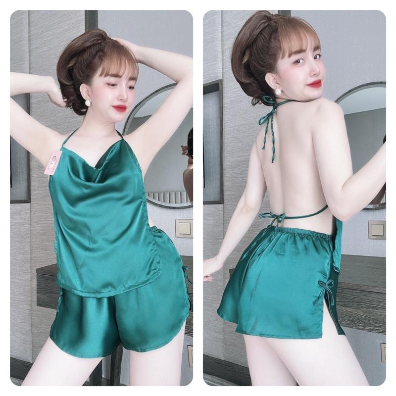 Đồ Ngủ Lụa 2 Dây Sexy Nữ, Bộ Ngủ Nữ lụa satin yếm cổ đổ, Freesize 40_58kg, tuỳ chiều cao