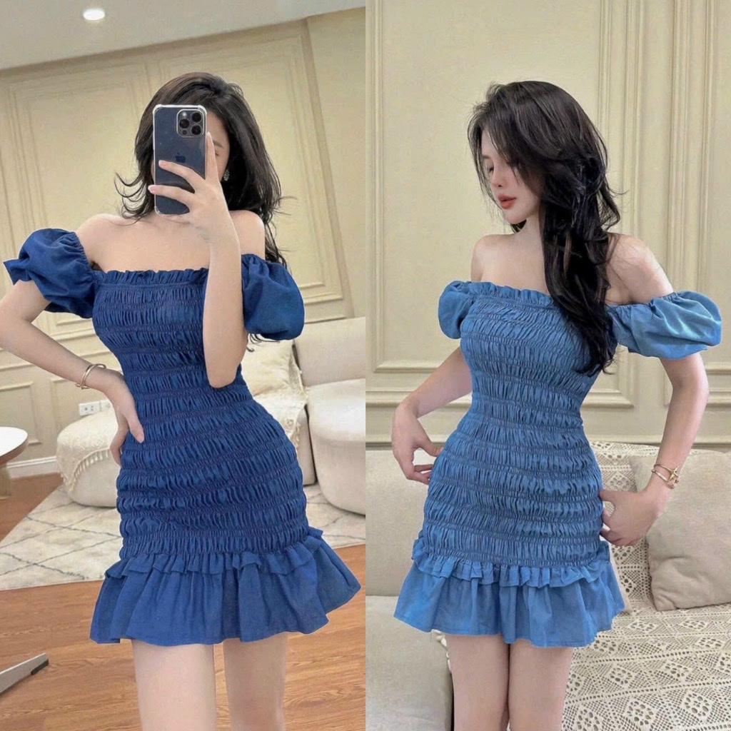 VÁY ĐI CHƠI, VÁY ĐI TIỆC, VÁY JEAN CHUN 2 MÀU BẸC VAI ĐUÔI CÁ CỰC HOT