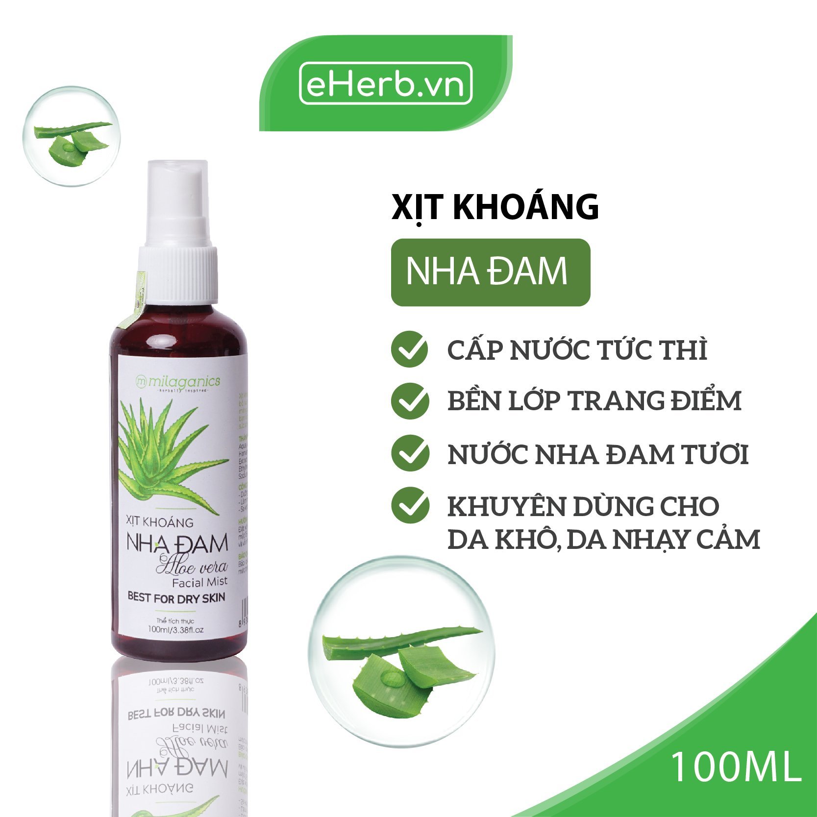 Xịt Khoáng Nha Đam Cấp Nước Tức Thì, Làm Dịu Da & Cân Bằng Độ Ẩm MILAGANICS 100ml