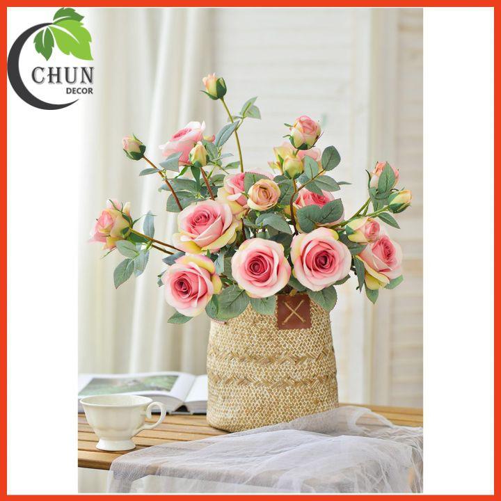 Hoa lụa cao cấp, cành hồng pháp 4 bông dài 61cm trang trí phòng khách, văn phòng, cửa hàng, làm đạo cụ chụp ảnh