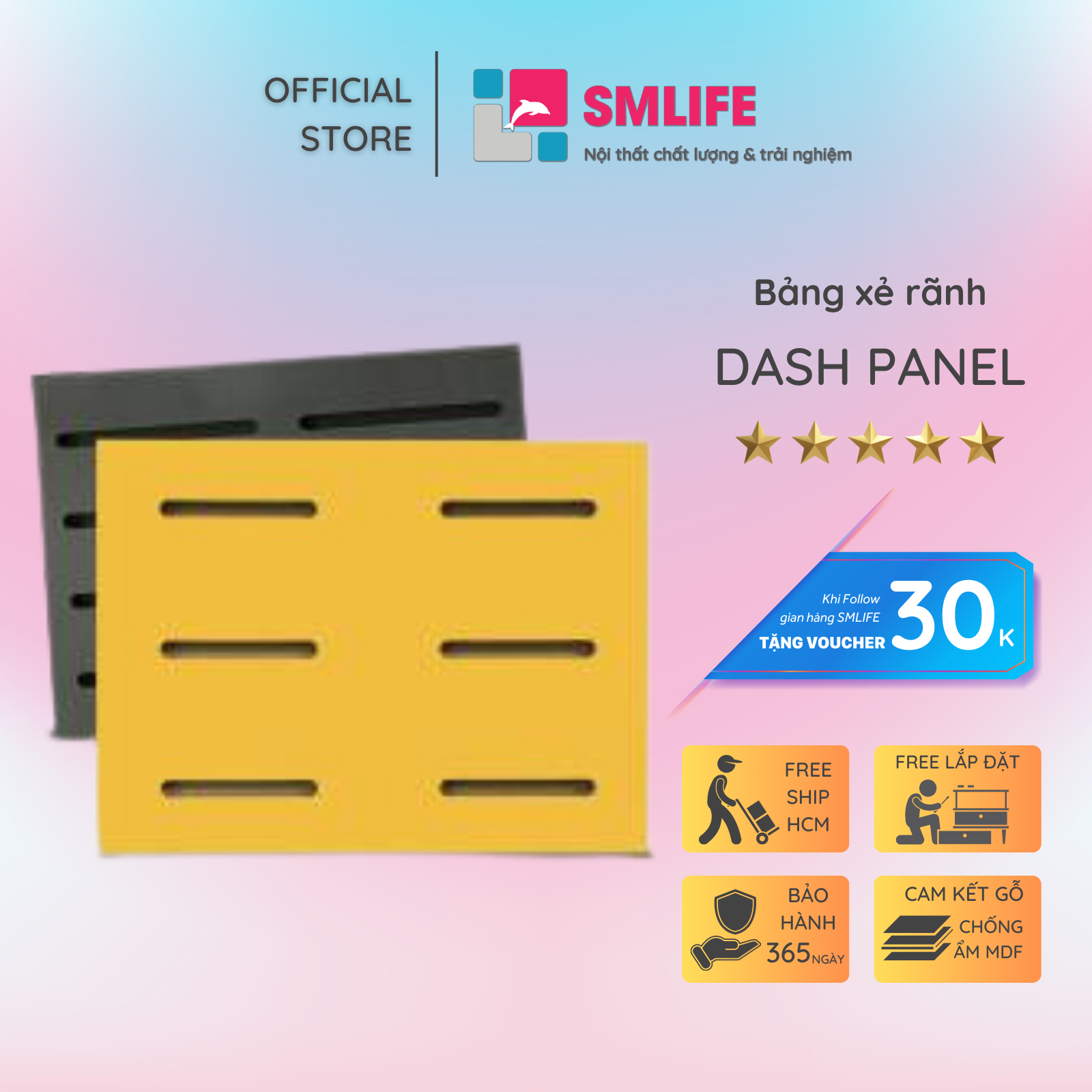 Tấm gỗ xẻ rãnh SMLIFE Dash Panel - Vàng - Ngang 120cm  Cao 240cm