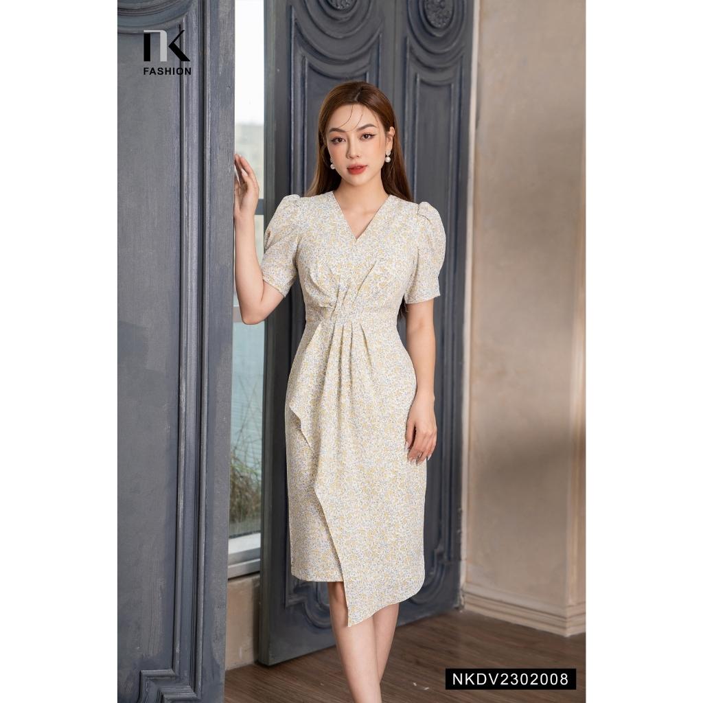 Đầm Hoa Ngắn Tay NK FASHION Thiết Kế Xếp Eo Điệu Đà Thanh Lịch Chất Vải Nhập Hàn Cao Cấp Không Nhăn NKDV2302008