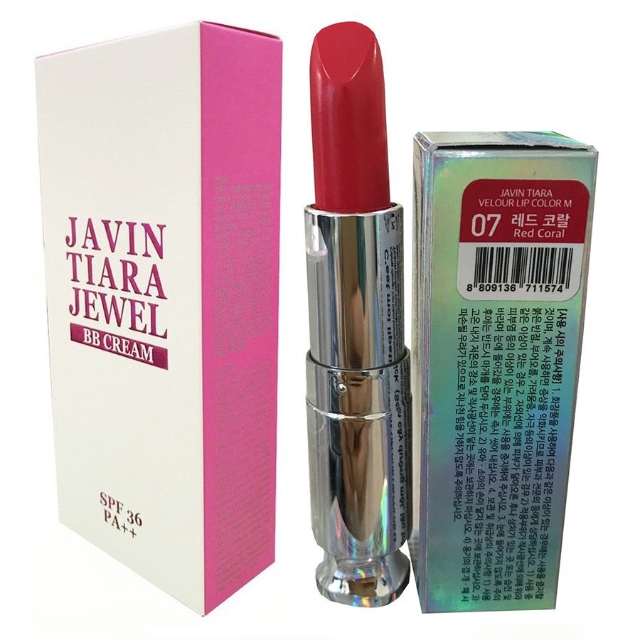 COMBO Kem Nền Trang Điểm, Chống Nắng + Son Lì No7 màu RED CORAL (Đỏ san hô)_Javin Tiara Jewel BB Cream SPF36/PA++  +  Javin Tiara Velour Lip Color M