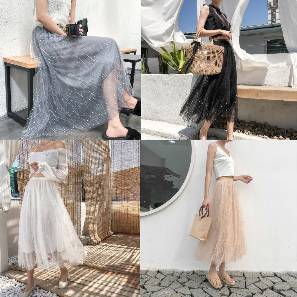 Chân váy lưới kim tuyến đính cườm 3 lớp dáng dài dễ thương VAY64 Free size