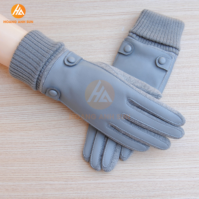 Găng tay da nữ đi xe máy mùa đông cảm ứng chống nước lót nhung giữ ấm, thật tay, không cộm, cổ tay dài 10cm