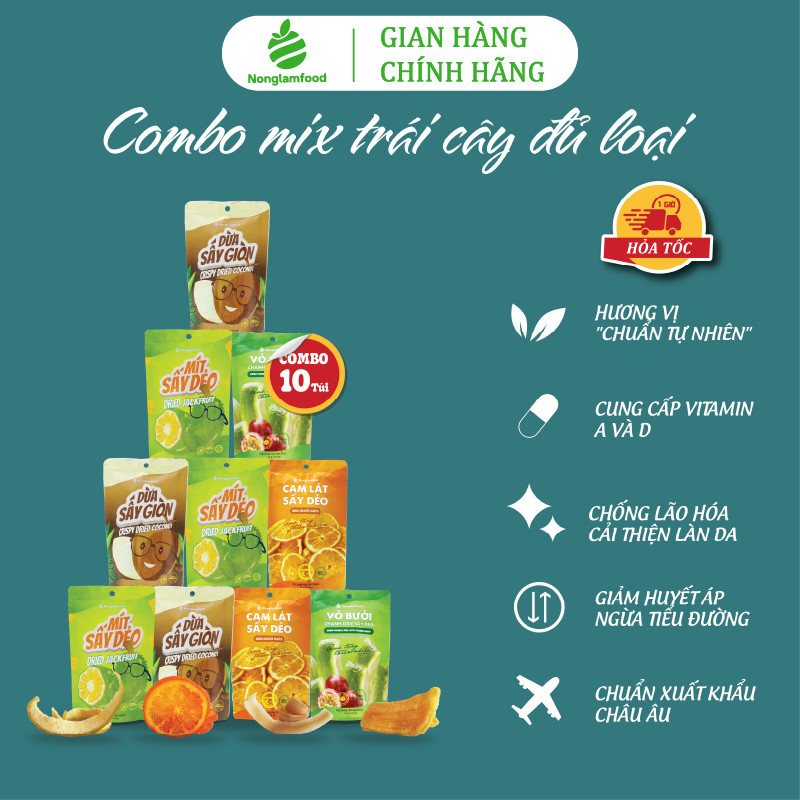 [Mua 10 tặng 2] Combo 10 túi Trái cây sấy ăn vặt tăng đề kháng, ăn kiêng, đẹp da Nonglamfood (Cam lát 45g, Mít 45g, Bưởi chanh dây 45g, Dừa giòn 45g)