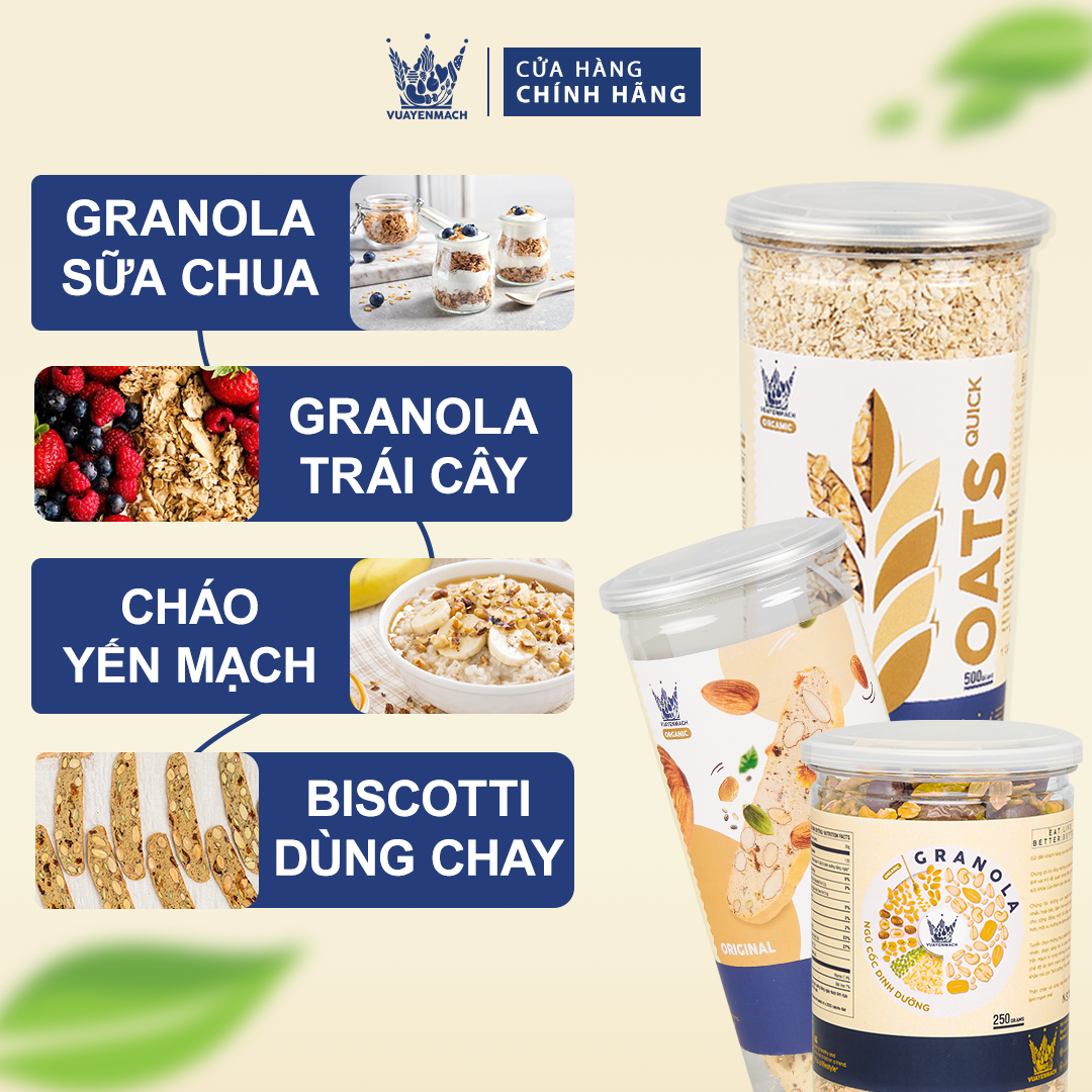 Ngũ cốc dinh dưỡng Granola 250gr + Yến Mạch 500gr + Bánh Biscotti Original Vua Yến Mạch 250gr