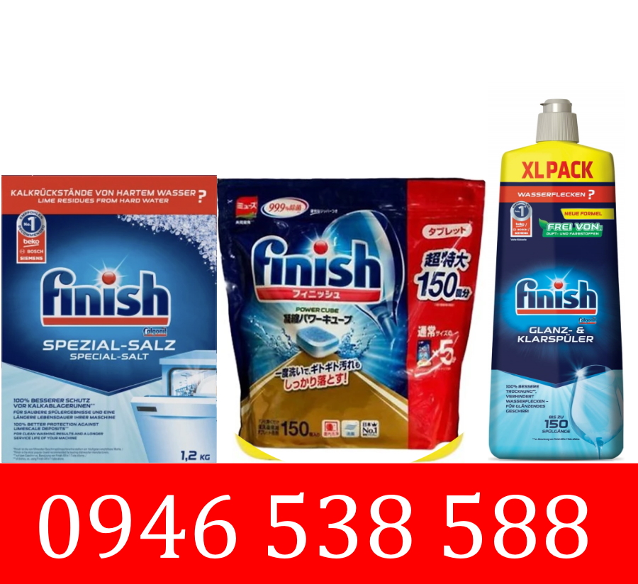 Combo Viên rửa bát Finish 150 viên + Muối rửa bát chén Finish 1.2kg + Nước làm bóng bát Finish 750ml dùng cho máy rửa bát chén nhật bản japan loại nhỏ