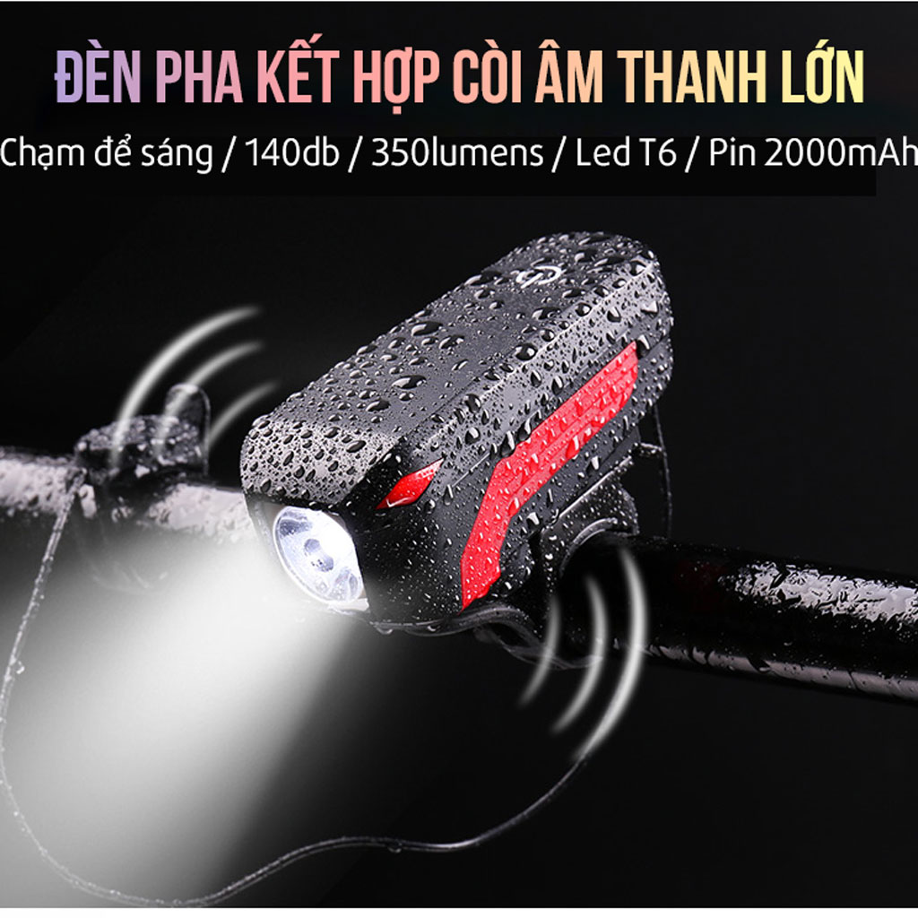 Đèn Xe Đạp Có Còi T6 350lumens (nút chạm cảm ứng) Pin 2000mAh Còi âm thanh lớn 140dB MaiLee